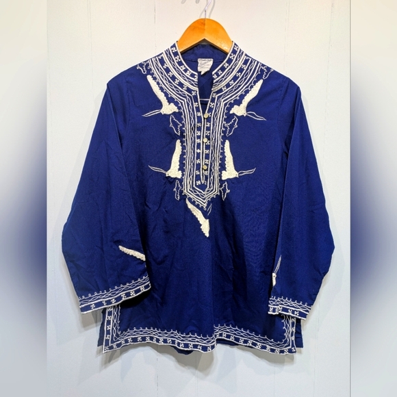 Leandra Crochet Embroidered Top in Royal Blue size Large 70s Birds Boho - Picture 1 of 10